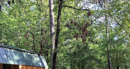 Small one room cabins with no bathrooms hot tub and covered picnic tables.