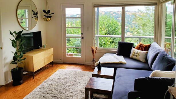 Ein Wohnzimmer mit einer Couch, einem Fernseher, einer Holzkabine, einem großen Fenster mit Blick auf Grünflächen und einem Spiegel an der Wand.