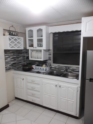 Fridge, microwave, oven, electric kettle