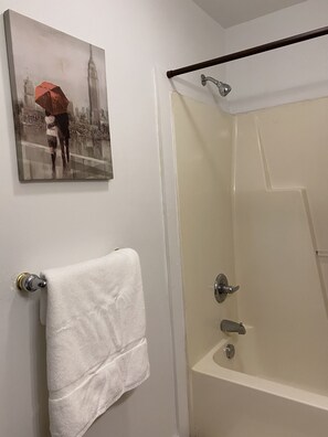 Combined shower/tub, hair dryer, towels, soap