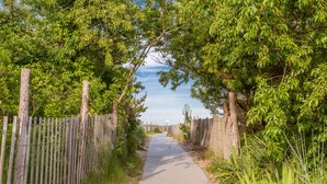 Un sendero pavimentado bordeado por vallas de madera y abundante vegetación.