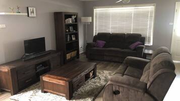 Smart TV, fireplace, DVD player, books