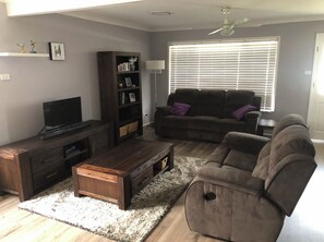 Smart TV, fireplace, DVD player, books