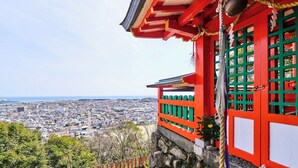 A traditional red and green building with a view of a cityscape and the sea.