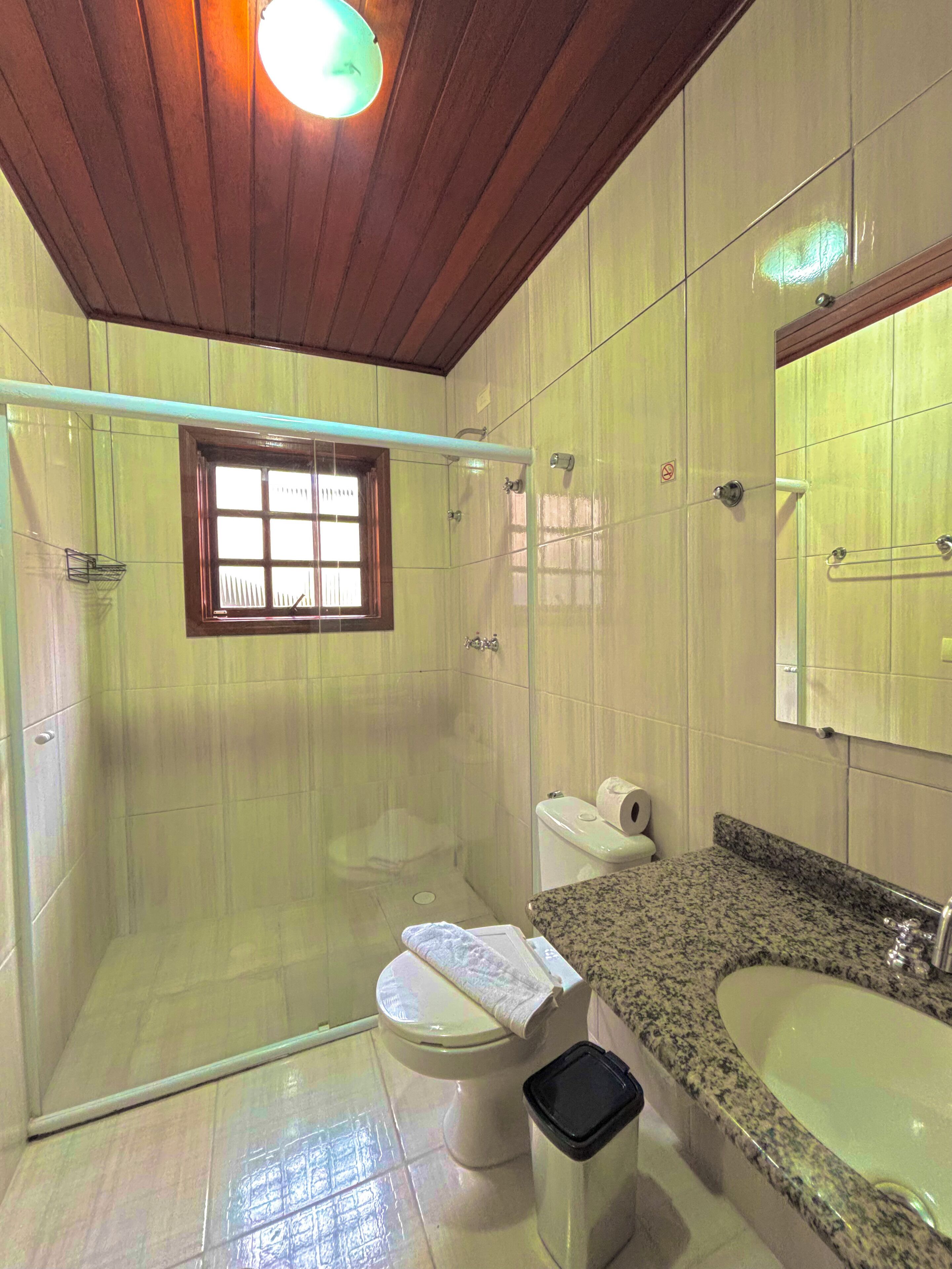 A bathroom with a glass shower enclosure, a toilet, a sink, and a mirror.