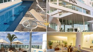 A hotel with a swimming pool, outdoor seating, and a modern interior. - Flat Saint Moritz - Centro de Brasília (Brasília)