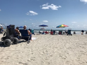 On the beach, sun loungers, beach towels