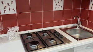Une cuisine équipée d’une cuisinière à gaz, d’un four et d’un évier.