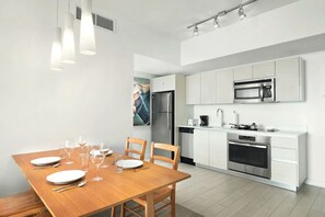 Fridge, microwave, oven, dishwasher