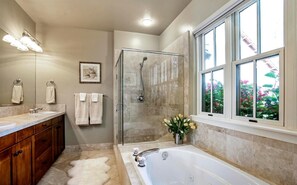 Bañera con ducha, secador de pelo, toallas, jabón