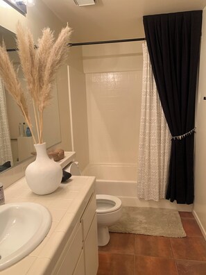 Ensemble baignoire-douche, séchoir à cheveux, serviettes fournies, savon
