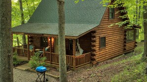 A log cabin with a porch, a hanging chair, and a grill. - Beechwood Cabin near Ash Cave (New Plymouth)