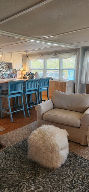 Relax in this open-plan living space with a kitchen area, featuring a sofa, pouf, and patterned rug.