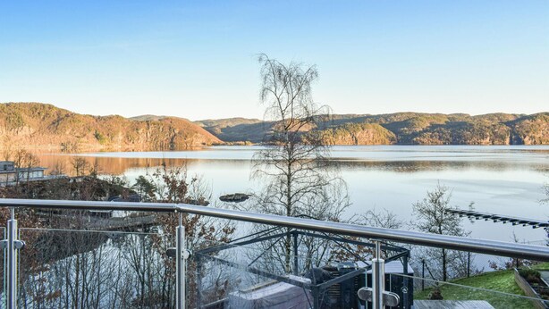 Udsigt over en sø med gelænder, et træ og en bygning i forgrunden.