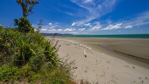 Een strand met heldere luchten, een zandstrand en enkele begroeiing.