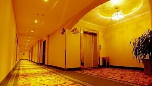 Un pasillo de hotel con piso alfombrado, puertas y un candelabro.