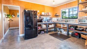 Fridge, microwave, toaster, cookware/dishes/utensils