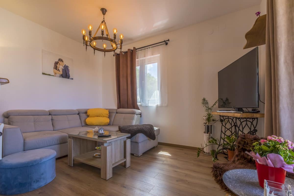 Un salon avec un canapé, une table basse et un téléviseur.