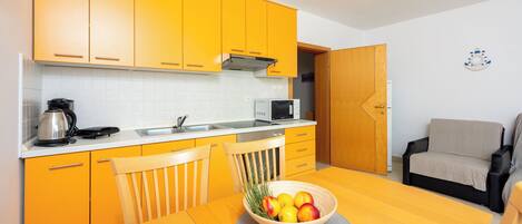 A compact kitchen with yellow cabinets, a microwave, and a kettle on the counter.