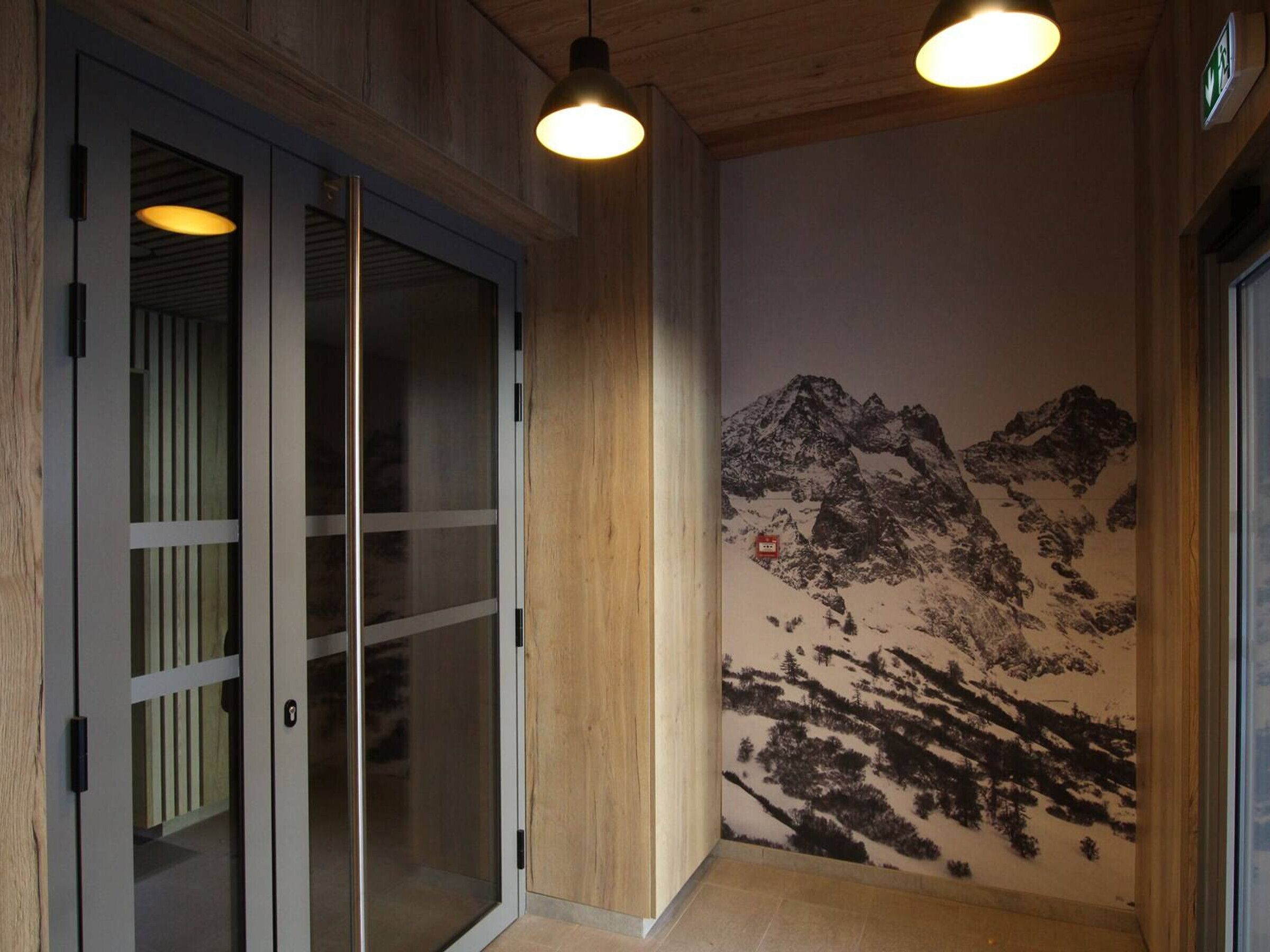 A hallway with wooden paneling, a glass door with a frosted panel, and a wall mural of a mountain landscape.