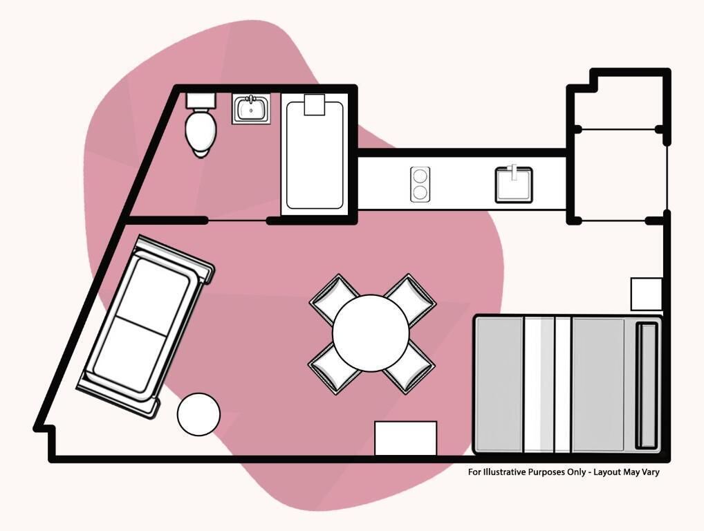 A floor plan with a bedroom, bathroom, and a dining area.