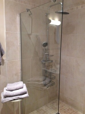 Shower, hair dryer, towels, toilet paper
