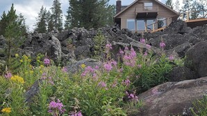 A house with a balcony overlooking a rocky landscape with various wildflowers.