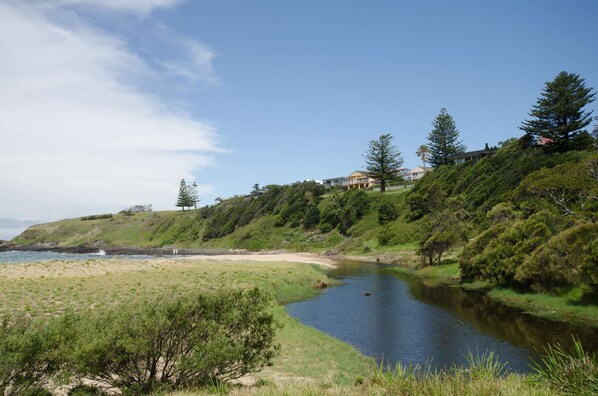 A coastal landscape with a river, grassy areas, and a hill with trees and a house.