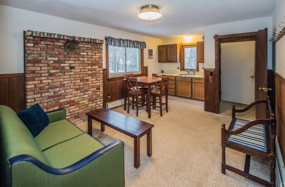 Un espace de vie compact agrémenté d’un mur en briques apparentes, d’un canapé vert, d’une table à manger en bois avec des chaises, et d’un coin cuisine doté de meubles en bois et d’un évier.