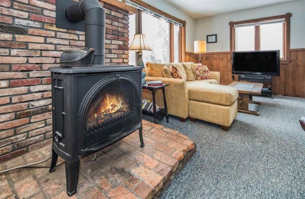 Smart TV, fireplace, DVD player, stereo