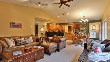 TV, fireplace, DVD player, books