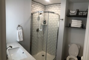 Chuveiro, secador de cabelo, toalhas de banho, sabonete