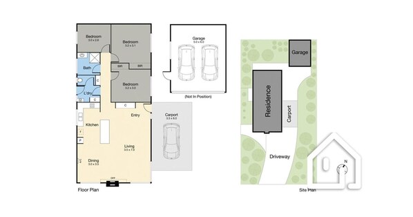 A floor plan with bedrooms, a kitchen, dining area, and a living room. There is also a site plan with a residence, driveway, and garage.