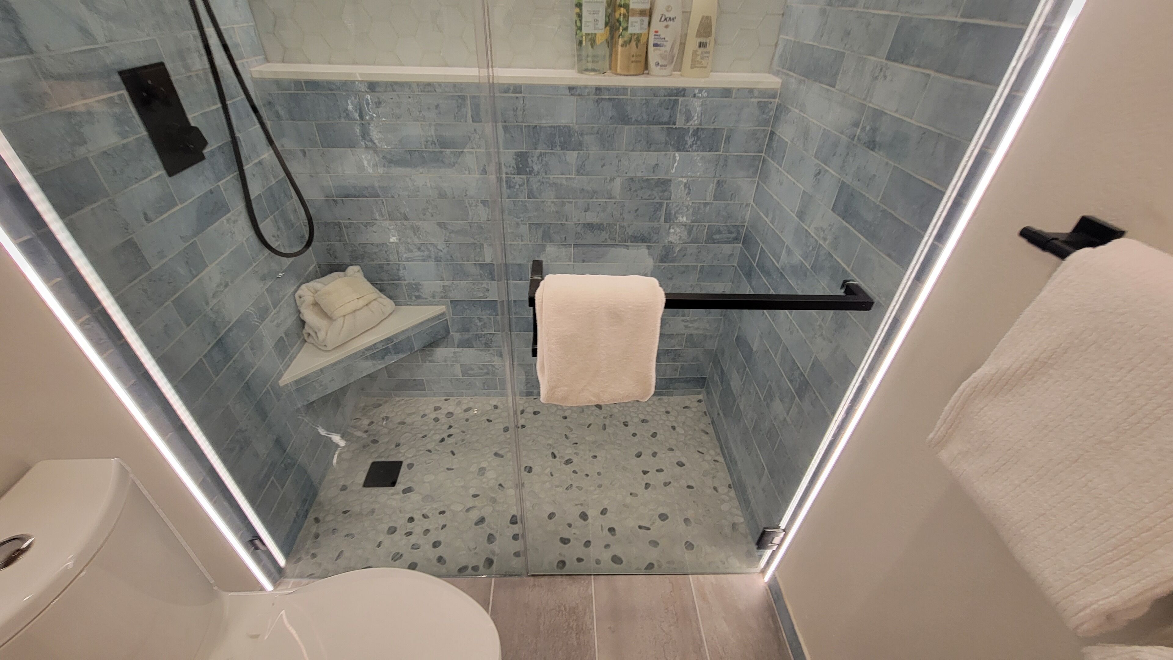 Un espace douche doté d’une porte en verre, d’un porte-serviettes et d’une étagère pour les articles de toilette.