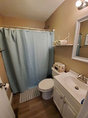 A bathroom with a shower curtain, toilet, sink, and mirror.