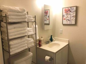 Hair dryer, towels, soap, shampoo