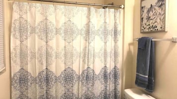Hair dryer, towels, soap, shampoo