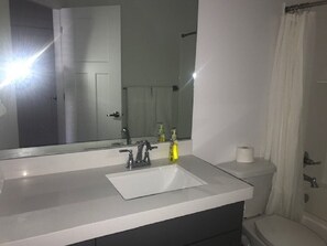 Tina con regadera, toallas, jabón, papel de baño 