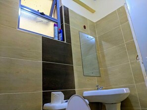 Shower, towels, soap, toilet paper