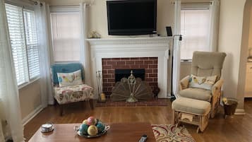 TV connectée, cheminée, lecteur de DVD, livres