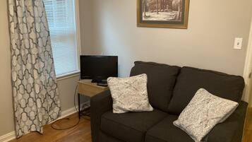 Smart TV, fireplace, DVD player, books