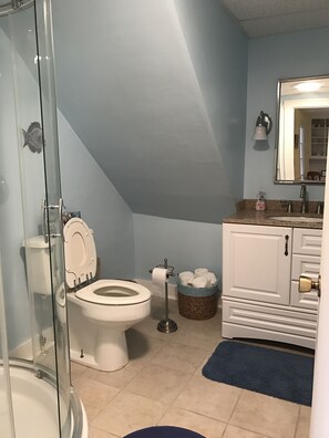 Combined shower/bathtub, hair dryer, towels