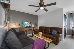 Un salon avec un canapé en cuir marron, un divan gris, une table basse en bois, un ventilateur de plafond, un téléviseur et une petite plante.
