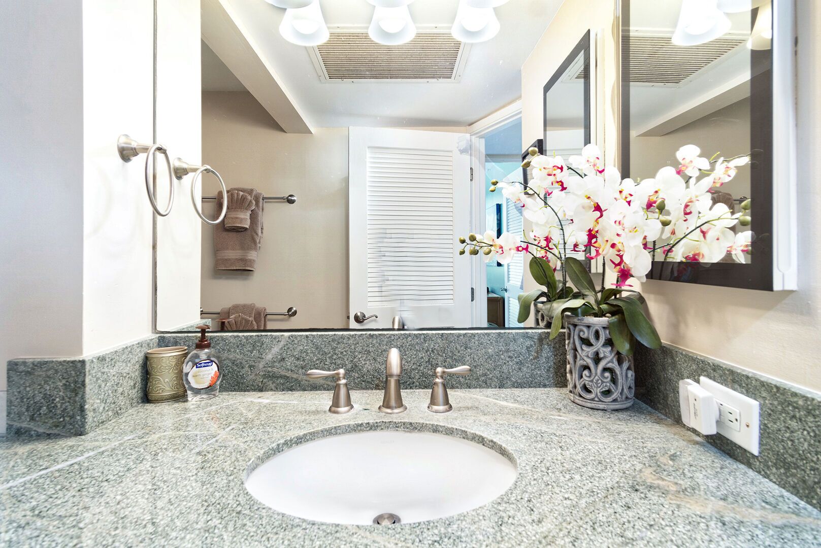 A bathroom with a granite countertop, a sink, two faucets, a soap dispenser, a towel rack, and a potted orchid.