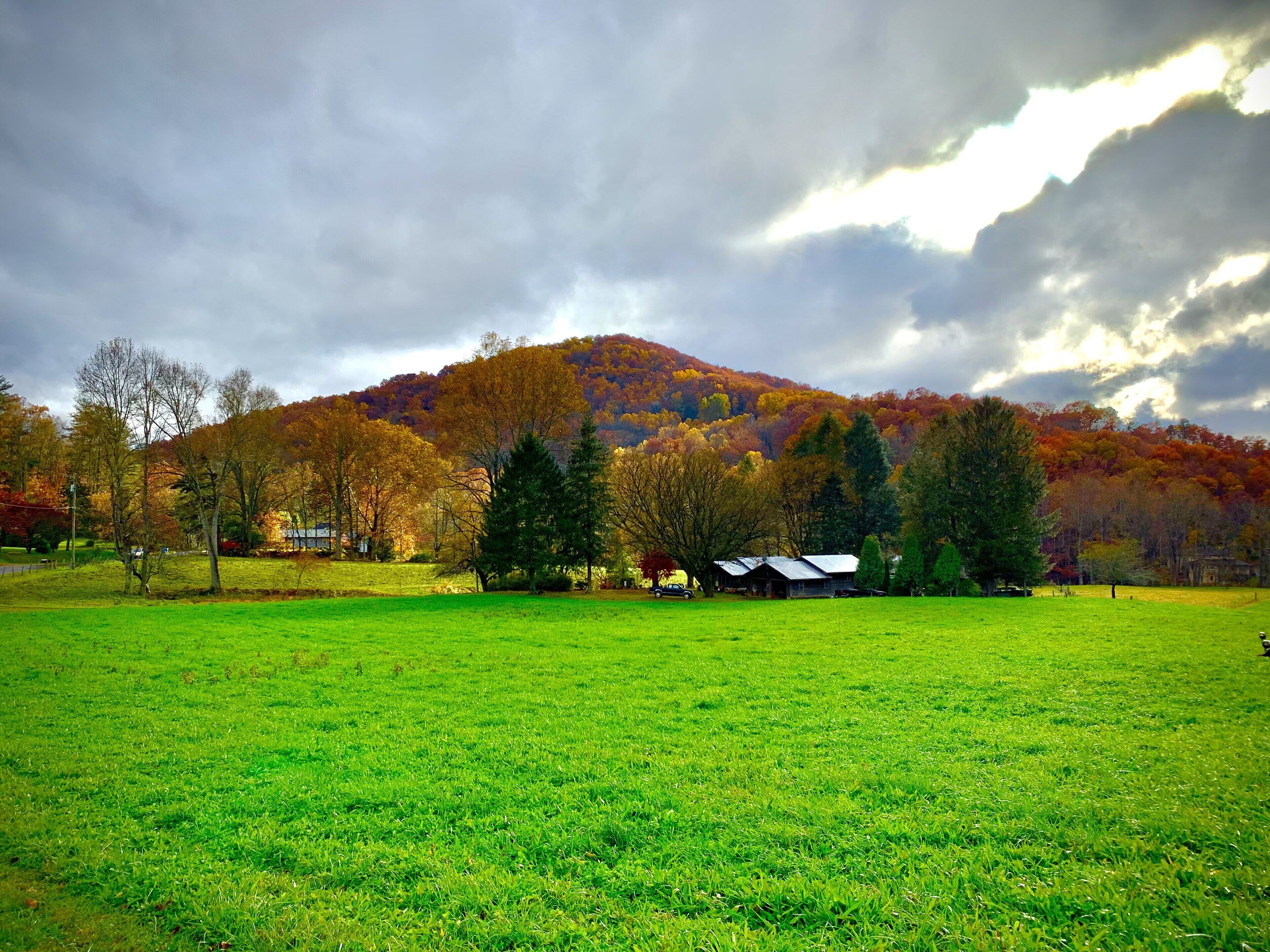 Ein grünes Feld mit einem Berg im Hintergrund und einigen Gebäuden.
