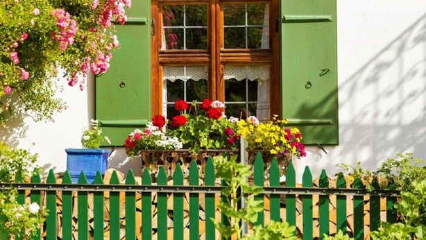 Ein Fenster mit grünen Fensterläden, einer weißen Wand und einem Holzzaun.