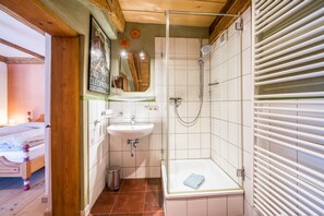 Shower, hair dryer, towels