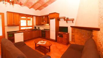 Televisio, takka, DVD-soitin, pöytätennispöytä