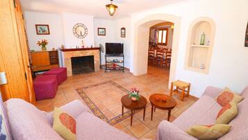 Télévision, cheminée, lecteur de DVD, table de tennis de table