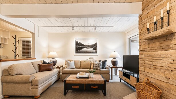 A living room with a sofa, coffee table, and a TV. - Walk to ski & Ajax Views (Aspen)
